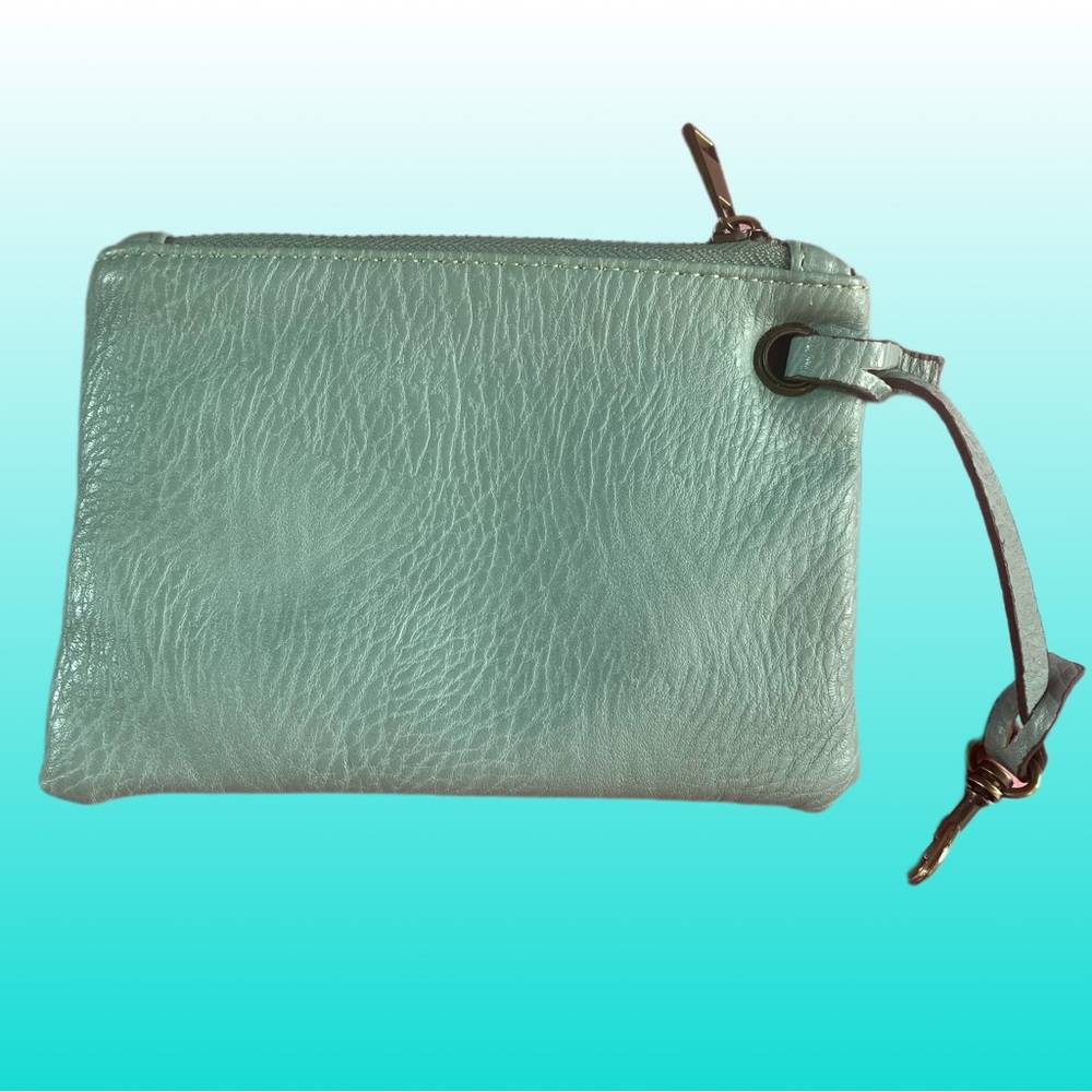 Free People Greenish faux leather zippered wallet coin purse w/ purse clip flaw